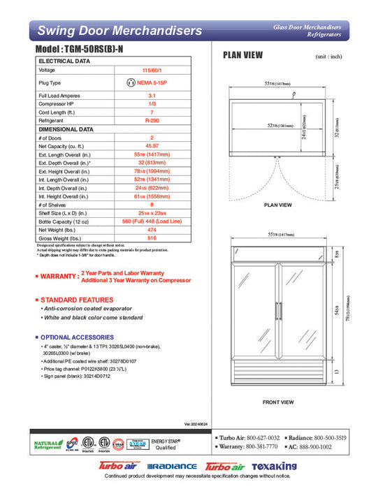 Turbo Air TGM-50RSB-N 56" Series Two Section Glass Door Merchandiser - (2) Left/Right Hinge Doors, Black, 115v - Donut-Supplies.Com
