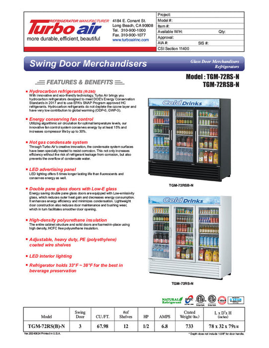 Turbo Air TGM-72RSB-N 78" Series Three Section Glass Door Merchandiser - (3) Left/Right Hinge Doors, Black, 115v - Donut-Supplies.Com