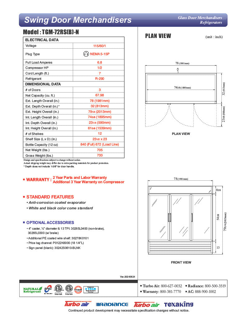 Turbo Air TGM-72RS-N 78" Series Three Section Glass Door Merchandiser - (3) Left/Right Hinge Doors, White, 115v - Donut-Equipment.com