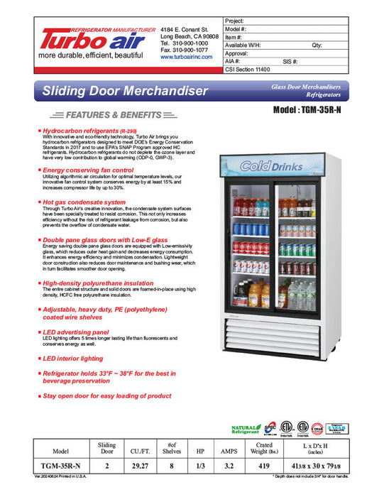 Turbo Air TGM-35R-N 41" Series Two Section Glass Door Merchandiser - (2) Sliding Doors, White, 115v - Donut-Supplies.Com