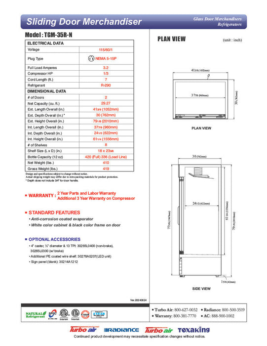 Turbo Air TGM-35R-N 41" Series Two Section Glass Door Merchandiser - (2) Sliding Doors, White, 115v - Donut-Supplies.Com