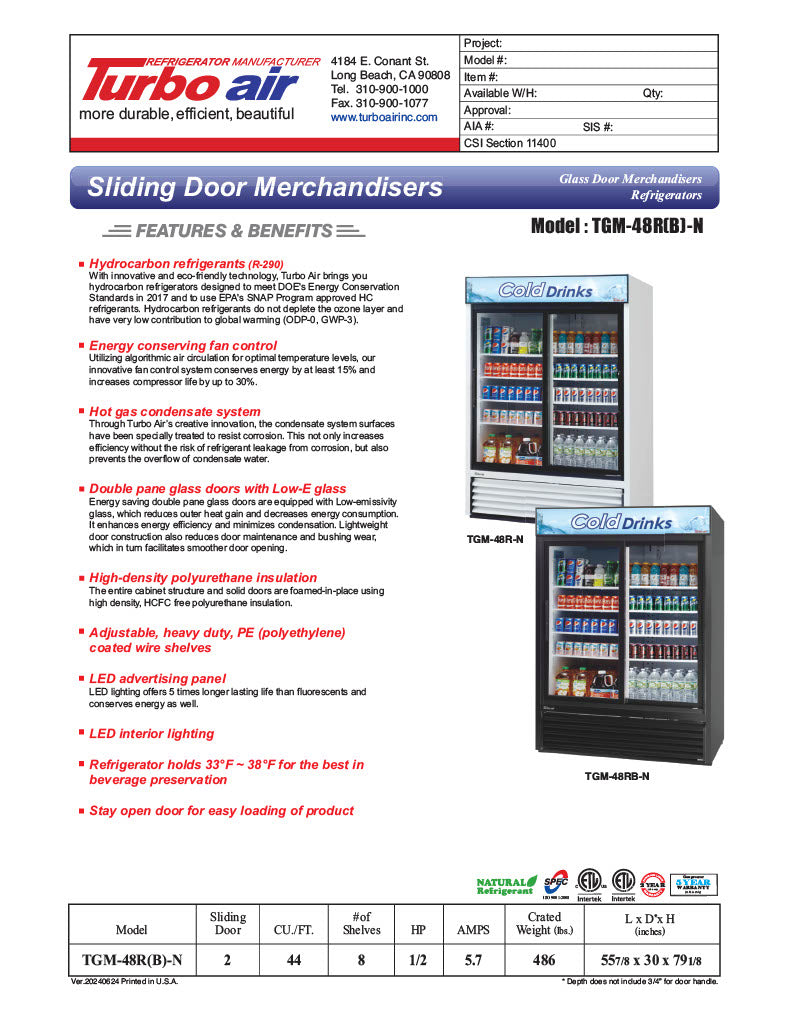 Turbo Air TGM-48RB-N 56" Series Two Section Glass Door Merchandiser - (2) Sliding Doors, Black, 115v - Donut-Equipment.com