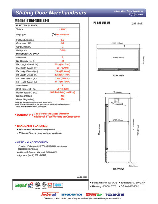Turbo Air TGM-48RB-N 56" Series Two Section Glass Door Merchandiser - (2) Sliding Doors, Black, 115v - Donut-Supplies.Com