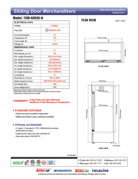 Turbo Air TGM-48RB-N 56" Series Two Section Glass Door Merchandiser - (2) Sliding Doors, Black, 115v - Donut-Supplies.Com
