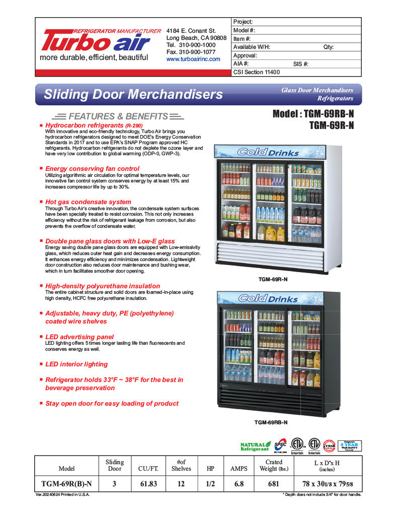 Turbo Air TGM-69RB-N 78" Black Three Section Glass Door Merchandiser Refrigerator – (3) Swing Doors, LED Lighting, 115v - Donut-Equipment.com