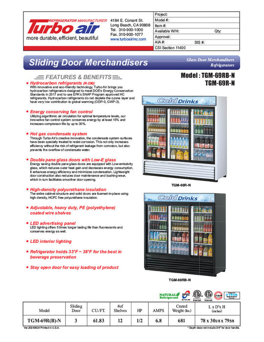 Turbo Air TGM-69RB-N 78" Black Three Section Glass Door Merchandiser Refrigerator – (3) Swing Doors, LED Lighting, 115v - Donut-Supplies.Com