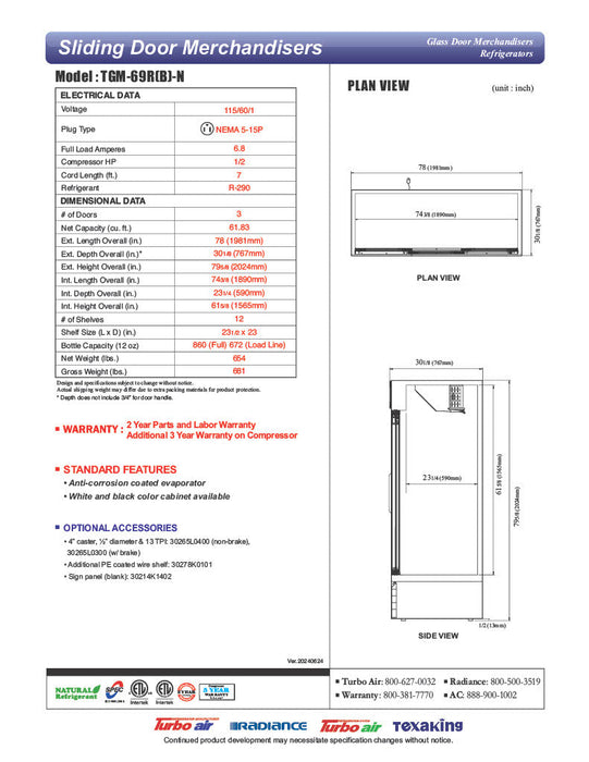 Turbo Air TGM-69RB-N 78" Black Three Section Glass Door Merchandiser Refrigerator – (3) Swing Doors, LED Lighting, 115v - Donut-Supplies.Com