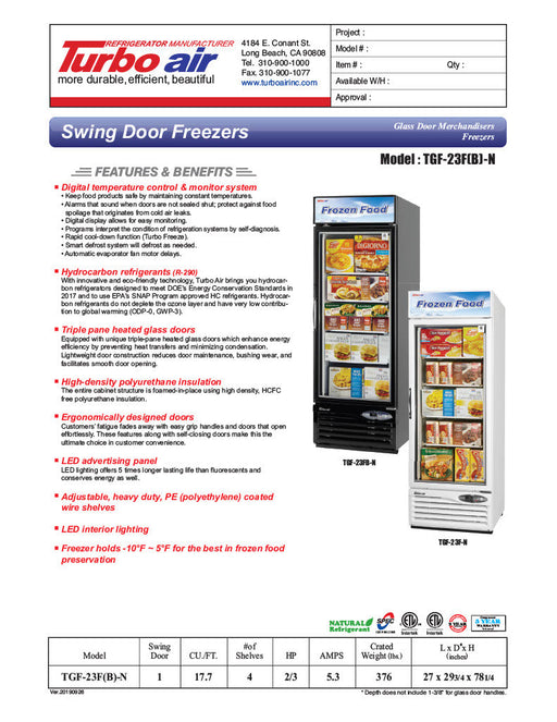 Turbo Air TGF-23F-N 27" One Section Display Freezer w/ Swing Door - Bottom Mount Compressor, White, 115v - Donut-Supplies.Com