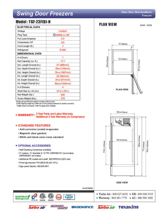 Turbo Air TGF-23F-N 27" One Section Display Freezer w/ Swing Door - Bottom Mount Compressor, White, 115v - Donut-Supplies.Com