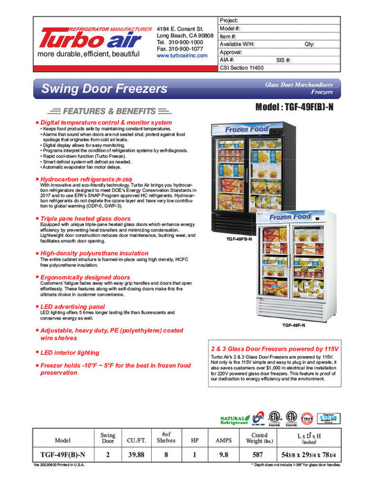 Turbo Air TGF-49FB-N 54 3/8" Two Section Display Freezer w/ Swing Doors - Bottom Mount Compressor, Black, 115v - Donut-Supplies.Com