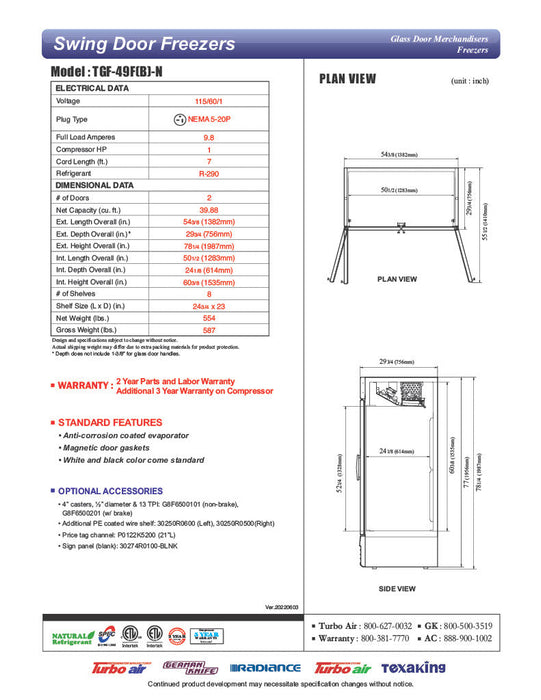 Turbo Air TGF-49FB-N 54 3/8" Two Section Display Freezer w/ Swing Doors - Bottom Mount Compressor, Black, 115v - Donut-Supplies.Com