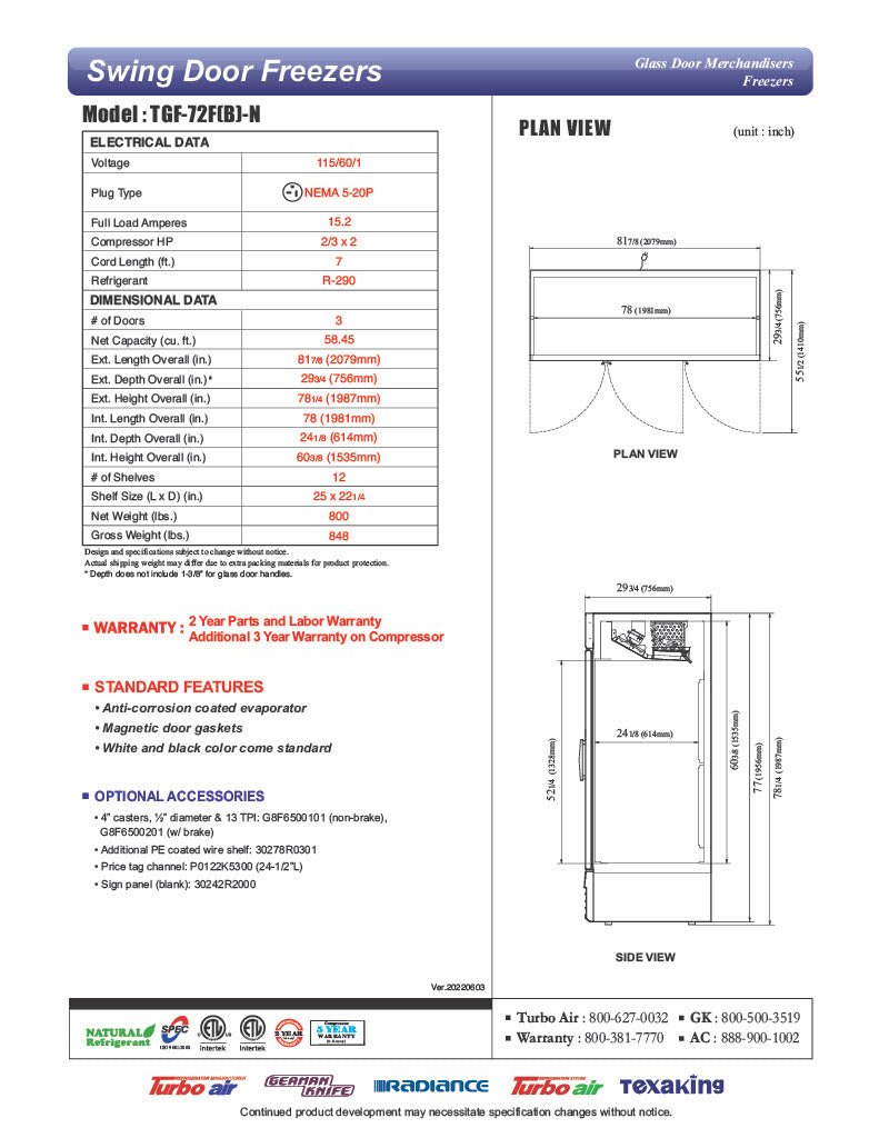 Turbo Air TGF-72FB-N 81 7/8" Three Section Display Freezer w/ Swing Doors - Bottom Mount Compressor, Black, 115v - Donut-Equipment.com