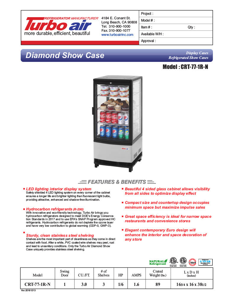 Turbo Air CRT-77-1R-N 17" Diamond Series Glass Sided Countertop Display Refrigerator – One Section, Rear Access, LED Lighting, 115v - Donut-Equipment.com