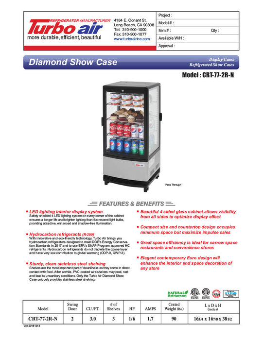 Turbo Air CRT-77-2R-N 17" Diamond Series Countertop Display Refrigerator – Pass-Thru Access, Swing Doors, Stainless Steel Finish, 115v - Donut-Supplies.Com