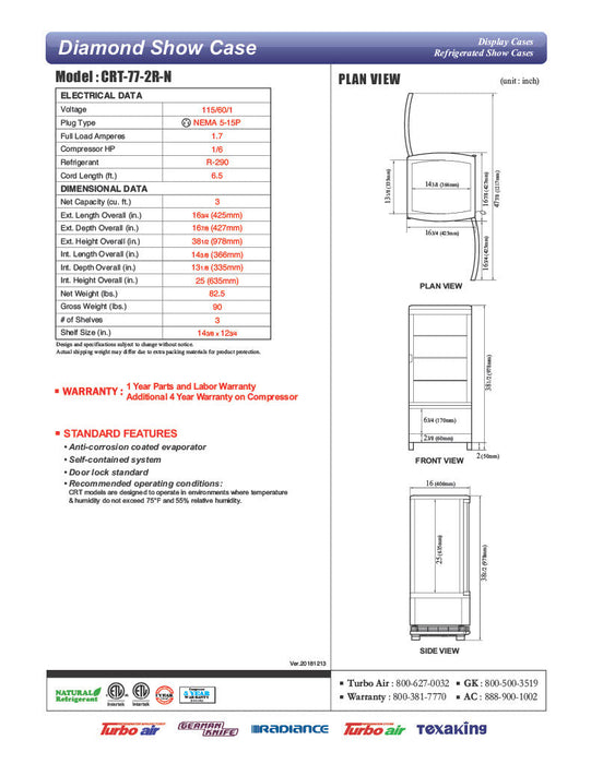 Turbo Air CRT-77-2R-N 17" Diamond Series Countertop Display Refrigerator – Pass-Thru Access, Swing Doors, Stainless Steel Finish, 115v - Donut-Supplies.Com