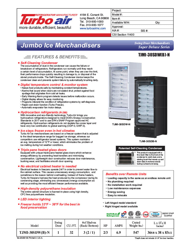 Turbo Air TJMI-30SDW-N 36 5/8" White Indoor Ice Merchandiser w/ Glass Door – Bottom Mount Compressor, 115v - Donut-Equipment.com