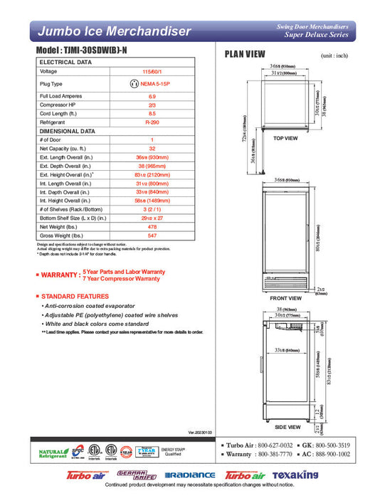 Turbo Air TJMI-30SDW-N 36 5/8" White Indoor Ice Merchandiser w/ Glass Door – Bottom Mount Compressor, 115v - Donut-Supplies.Com