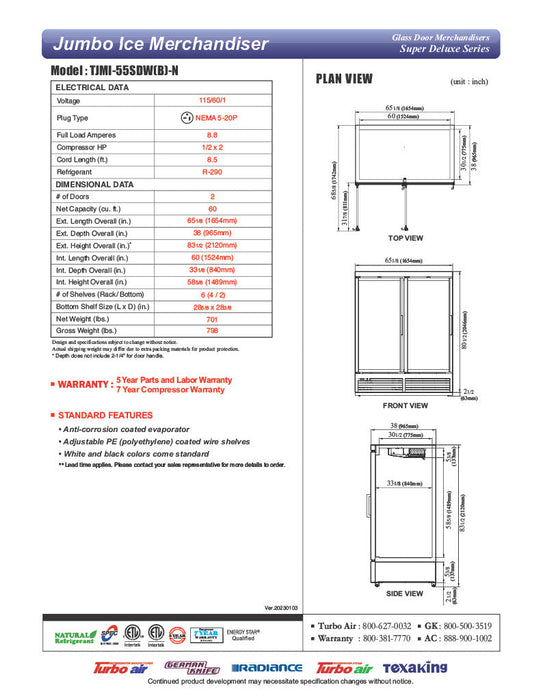 Turbo Air TJMI-55SDW-N 65 1/8" White Indoor Ice Merchandiser w/ Glass Door – Bottom Mount Compressor, 115v - Donut-Supplies.Com
