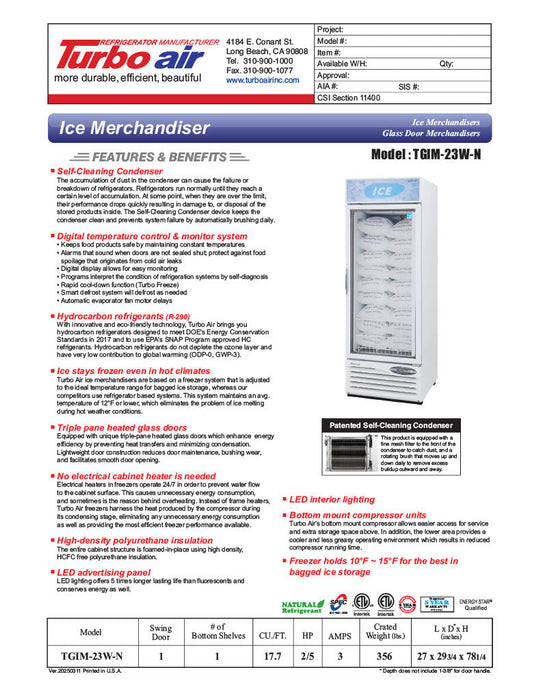 Turbo Air TGIM-23W-N 27" Indoor Ice Merchandiser w/ Bottom Mount Compressor - Glass Door, 115v - Donut-Supplies.Com