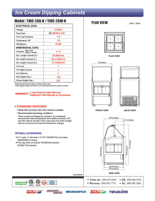 Turbo Air TIDC-26W-N 26" Stand Alone Ice Cream Freezer w/ 4 Tub Capacity - White, 115v - Donut-Equipment.com