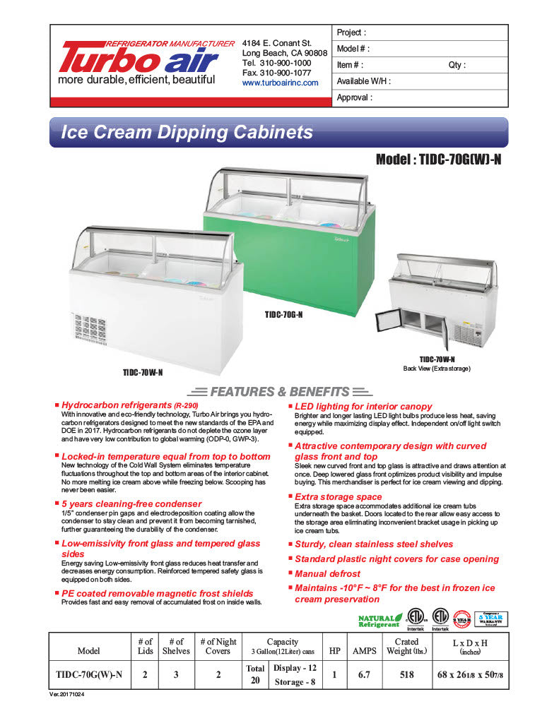 Turbo Air TIDC-70W-N 68" Stand Alone Ice Cream Freezer w/ 12 Tub Capacity - White, 115v - Donut-Equipment.com