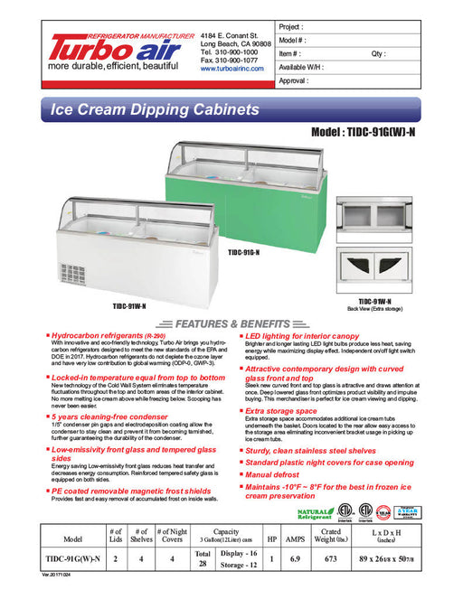 Turbo Air TIDC-91G-N 89" Stand-Alone Ice Cream Freezer w/ (16) 3 gal Tub Capacity - Green, 115v - Donut-Supplies.Com