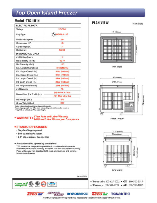 Turbo Air TFS-11F-N 40" Mobile Chest Freezer w/ (15) Baskets - White, 115v - Donut-Supplies.Com