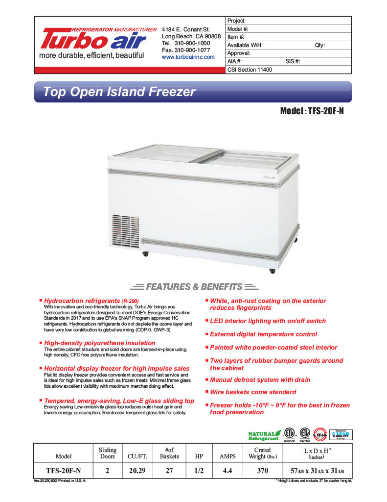 Turbo Air TFS-20F-N 57 3/8" Mobile Chest Freezer w/ (27) Baskets - White, 115v - Donut-Equipment.com