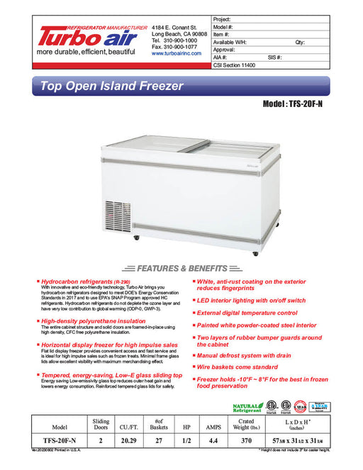 Turbo Air TFS-20F-N 57 3/8" Mobile Chest Freezer w/ (27) Baskets - White, 115v - Donut-Supplies.Com