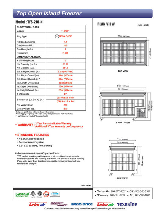 Turbo Air TFS-20F-N 57 3/8" Mobile Chest Freezer w/ (27) Baskets - White, 115v - Donut-Supplies.Com