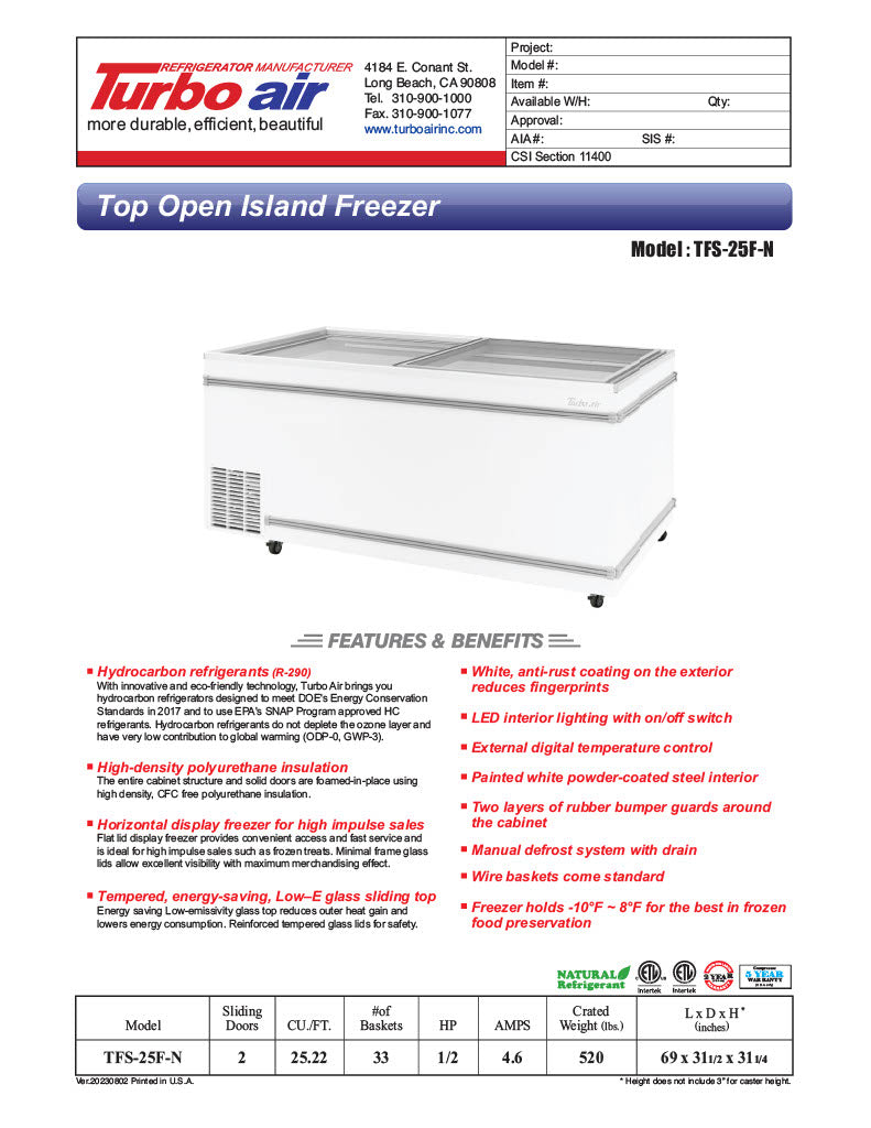 Turbo Air TFS-25F-N 69" Mobile Chest Freezer w/ (33) Baskets - White, 115v - Donut-Equipment.com