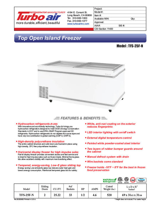 Turbo Air TFS-25F-N 69" Mobile Chest Freezer w/ (33) Baskets - White, 115v - Donut-Supplies.Com