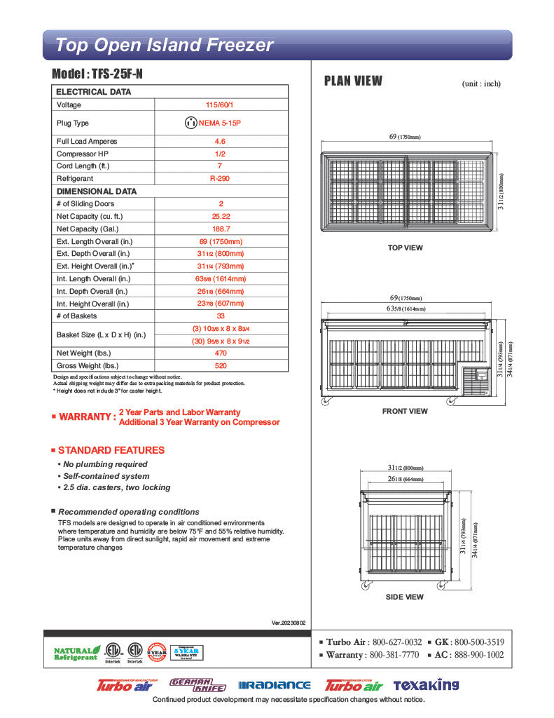 Turbo Air TFS-25F-N 69" Mobile Chest Freezer w/ (33) Baskets - White, 115v - Donut-Equipment.com
