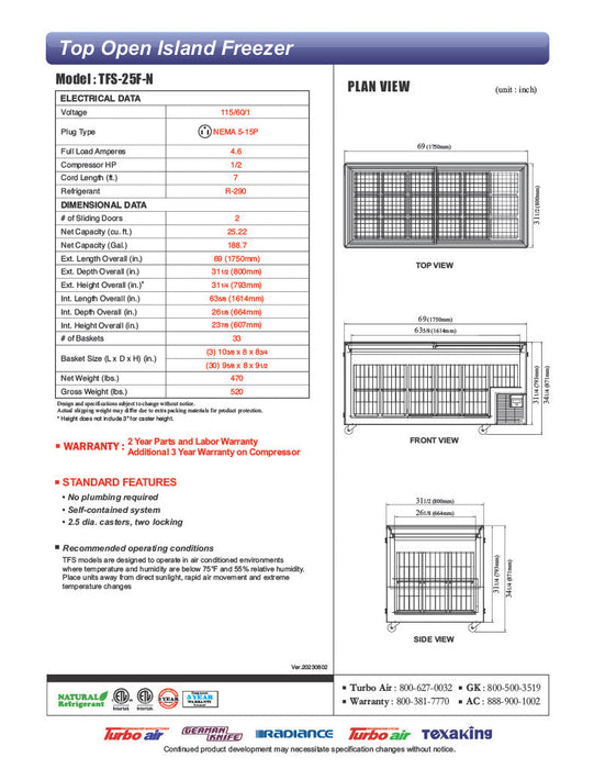 Turbo Air TFS-25F-N 69" Mobile Chest Freezer w/ (33) Baskets - White, 115v - Donut-Supplies.Com