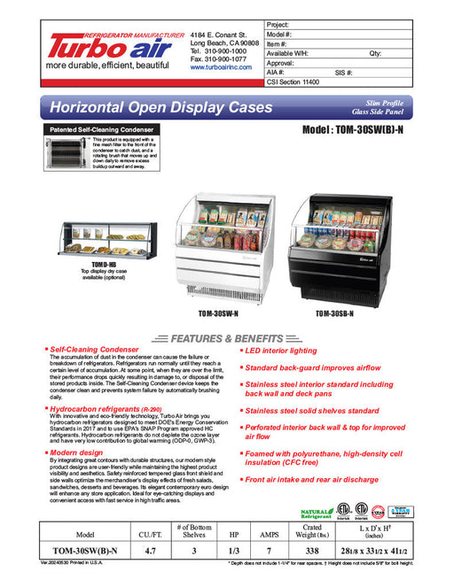 Turbo Air TOM-30SB-N 28" Slim Line Horizontal Open Air Cooler w/ (3) Levels – Black Exterior, 115v - Donut-Equipment.com