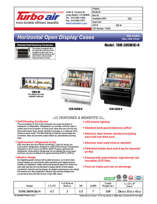 Turbo Air TOM-30SB-N 28" Slim Line Horizontal Open Air Cooler w/ (3) Levels – Black Exterior, 115v - Donut-Supplies.Com