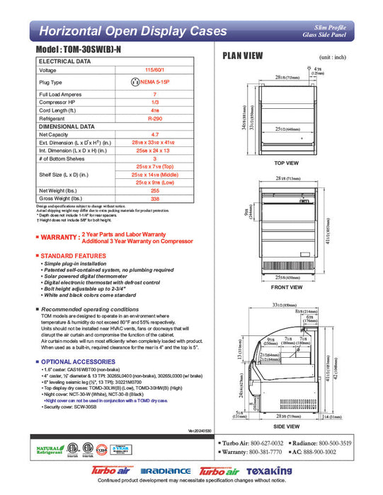Turbo Air TOM-30SW-N 28" Slim Line Horizontal Open Air Cooler w/ (3) Levels – White Exterior, 115v - Donut-Supplies.Com