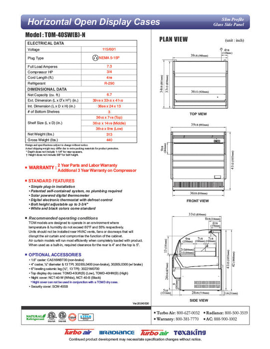 Turbo Air TOM-40SB-N 39" Slim Line Horizontal Open Air Cooler w/ (3) Levels – Black Exterior, 115v - Donut-Supplies.Com
