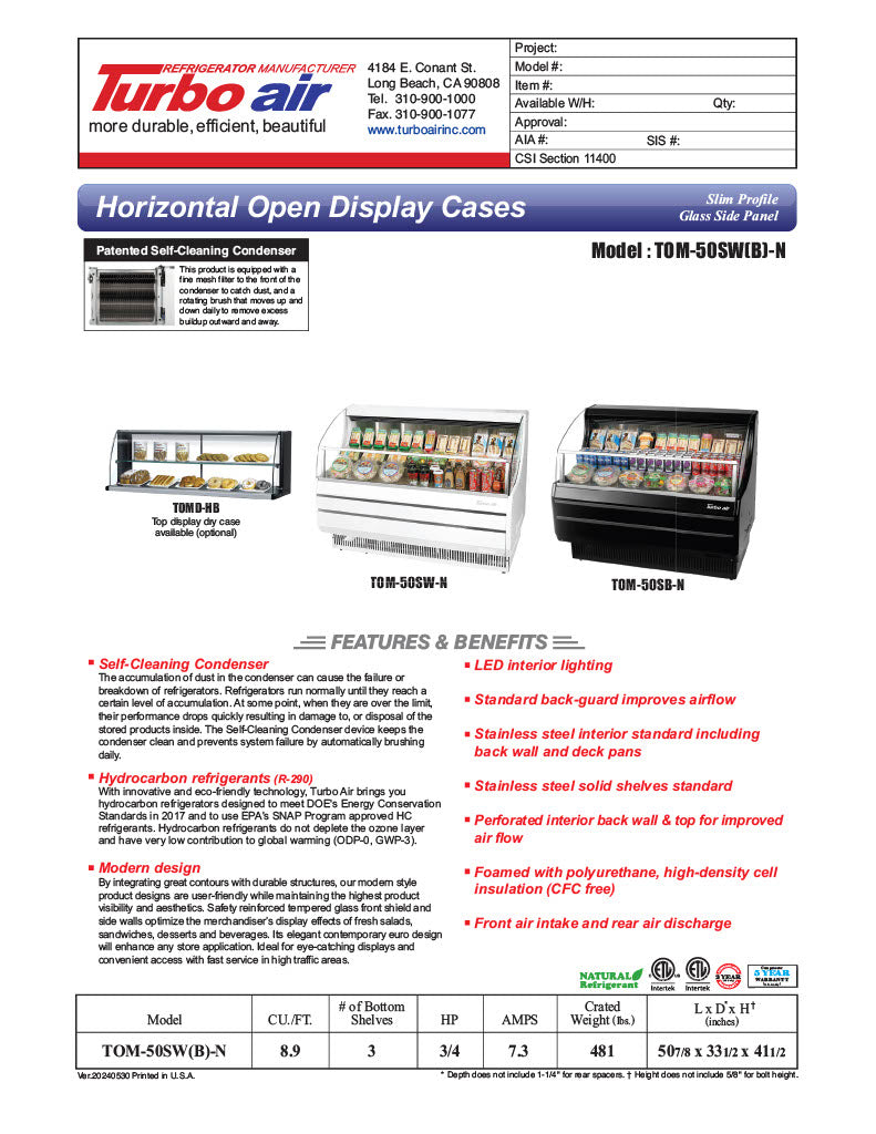 Turbo Air TOM-50SB-N 50 3/4" Slim Line Horizontal Open Air Cooler w/ (3) Levels – Black Exterior, 115v - Donut-Equipment.com