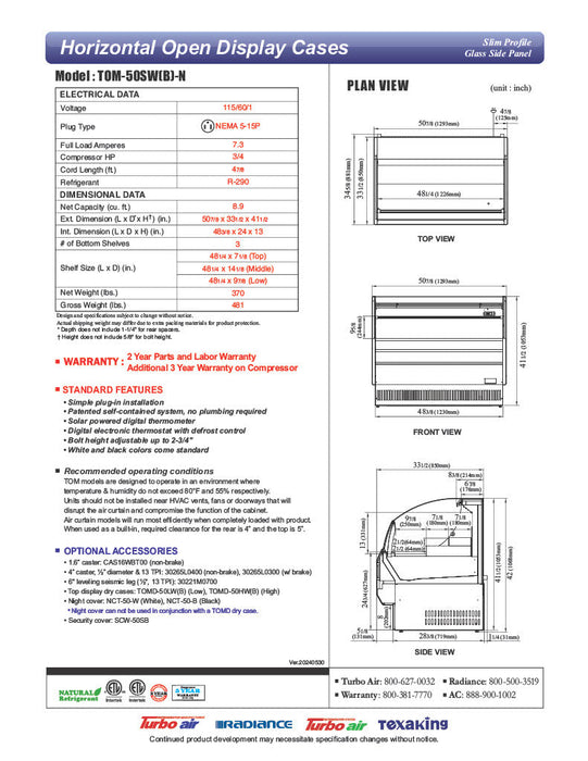 Turbo Air TOM-50SW-N 50 3/4" Slim Line Horizontal Open Air Cooler w/ (3) Levels – White Exterior, 115v - Donut-Supplies.Com