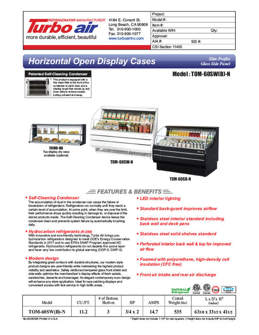 Turbo Air TOM-60SB-N 63" Slim Line Horizontal Open Air Cooler w/ (3) Levels – Black Exterior, 115v - Donut-Supplies.Com