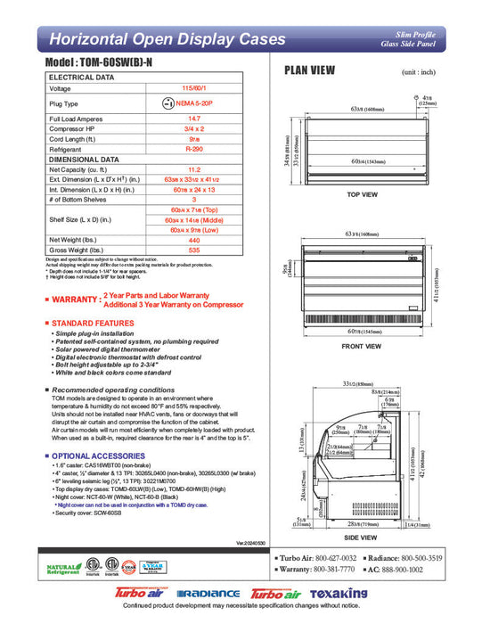 Turbo Air TOM-60SB-N 63" Slim Line Horizontal Open Air Cooler w/ (3) Levels – Black Exterior, 115v - Donut-Supplies.Com