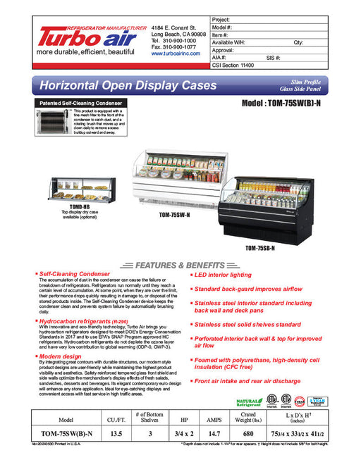 Turbo Air TOM-75SB-N 75 5/8" Slim Line Horizontal Open Air Cooler w/ (3) Levels – Black Exterior, 115v - Donut-Supplies.Com