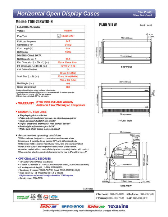 Turbo Air TOM-75SB-N 75 5/8" Slim Line Horizontal Open Air Cooler w/ (3) Levels – Black Exterior, 115v - Donut-Supplies.Com