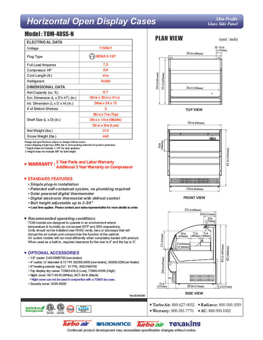 Turbo Air TOM-40SS-N 39" Slim Line Horizontal Open Air Cooler w/ (2) Levels – Stainless Steel Exterior, 115v - Donut-Supplies.Com