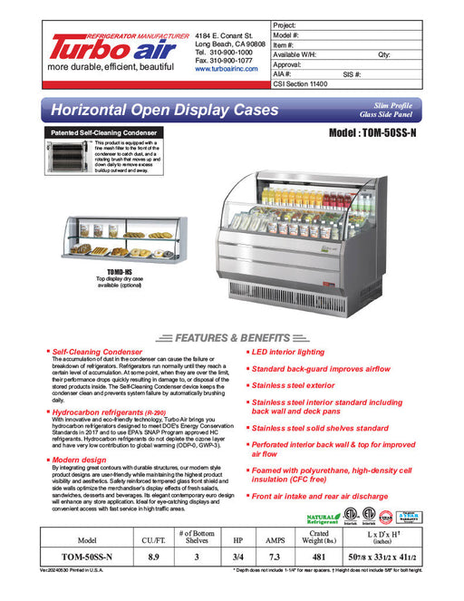 Turbo Air TOM-50SS-N 50 3/4" Slim Line Horizontal Open Air Cooler w/ (3) Levels – Stainless Steel Exterior, 115v - Donut-Supplies.Com