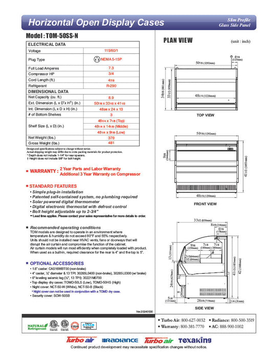 Turbo Air TOM-50SS-N 50 3/4" Slim Line Horizontal Open Air Cooler w/ (3) Levels – Stainless Steel Exterior, 115v - Donut-Supplies.Com