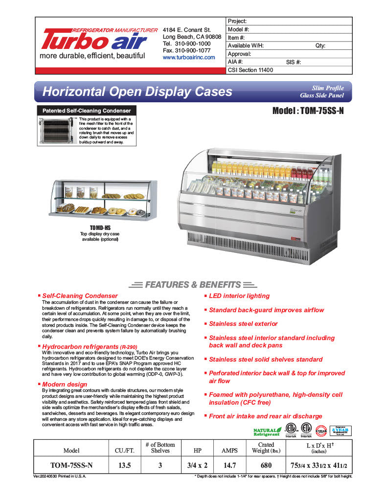 Turbo Air TOM-75SS-N 75 3/4" Slim Line Horizontal Open Air Cooler w/ (3) Shelves – Stainless Steel Exterior, 115v - Donut-Equipment.com
