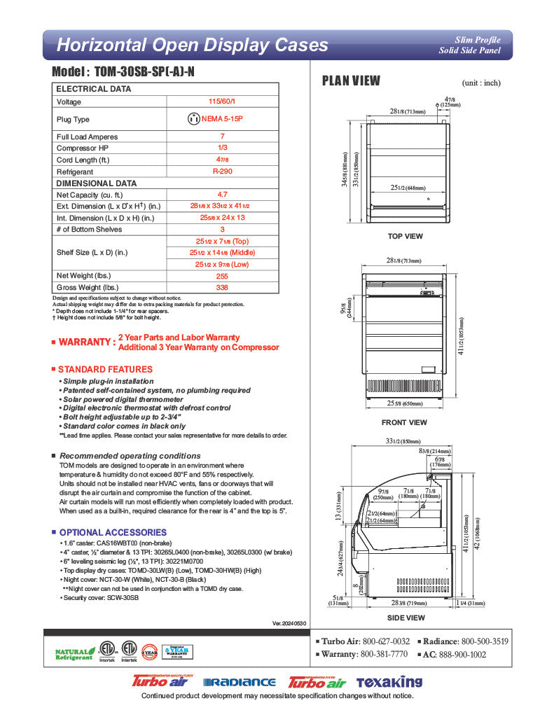 Turbo Air TOM-30SB-SP-N 28" Black Horizontal Refrigerated Open Curtain Merchandiser w/ Stainless Steel Interior – Slim Line, 115v - Donut-Equipment.com
