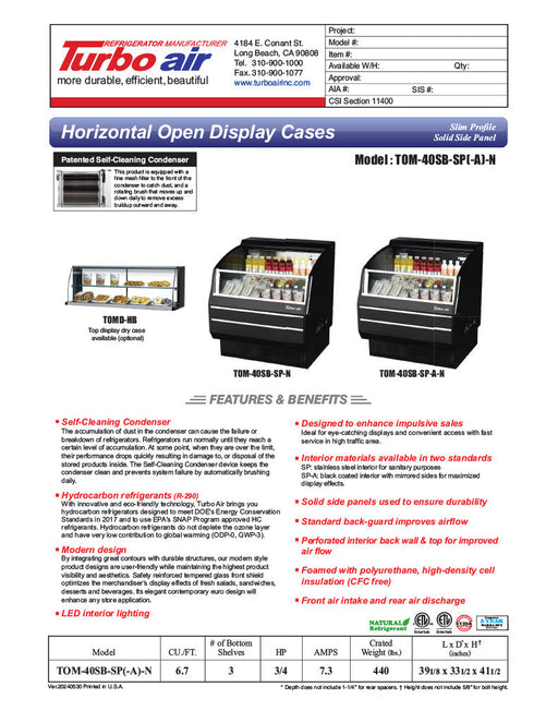 Turbo Air TOM-40SB-SP-N 39 1/8" Black Horizontal Open Air Cooler w/ (3) Levels, Stainless Steel Interior – Slim Line, 115v - Donut-Supplies.Com